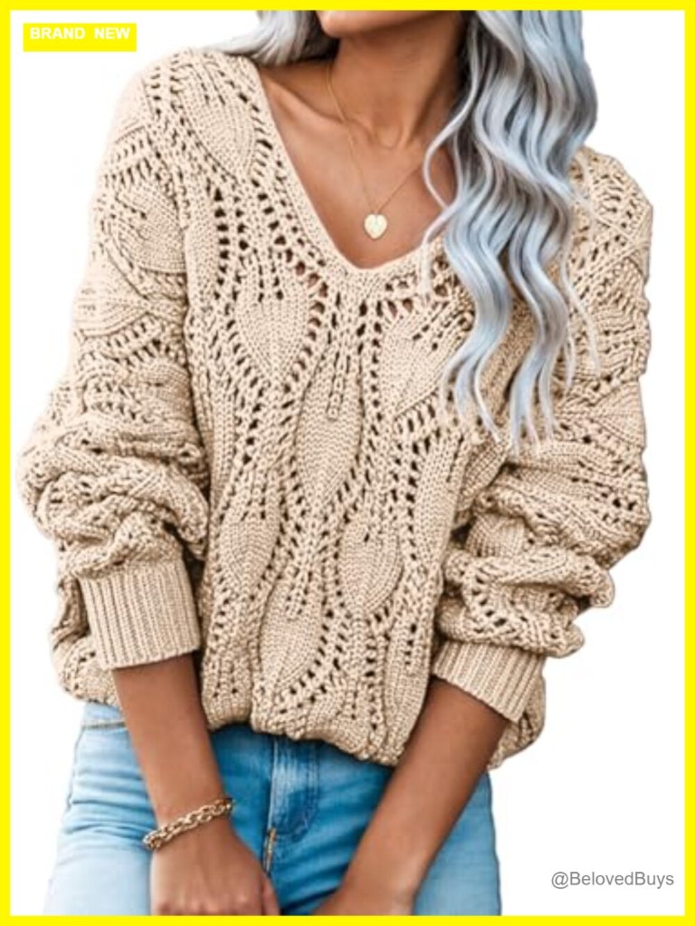 V Neck Crochet Hollow Out Pullover Sweater For Fall Winter